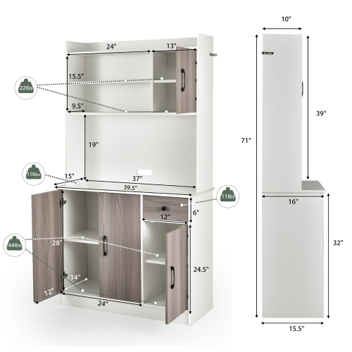 Costway 4-Door 71" Kitchen Buffet Pantry Storage Cabinet w/Hutch Adjustable Shelf