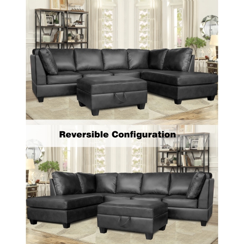 Infinite Imports – Julia Reversible Sectional Black Faux Leather With Storage Ottoman