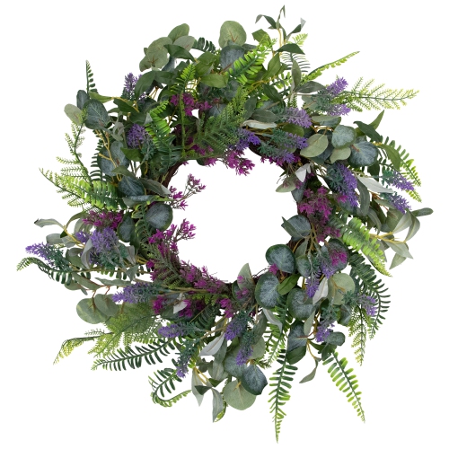 Lavender and Mixed Foliage Artificial Floral Spring Wreath, Purple and Green - 22-Inch