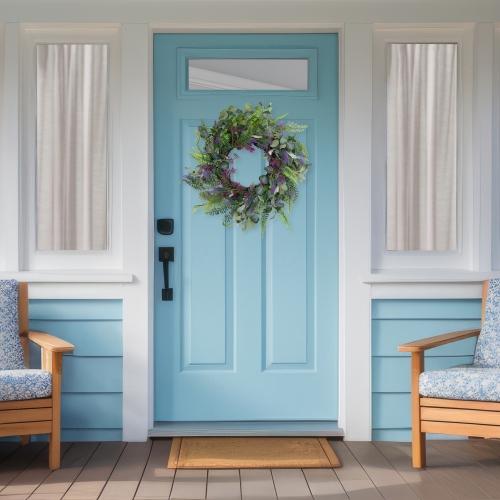 Lavender and Mixed Foliage Artificial Floral Spring Wreath, Purple and Green - 22-Inch