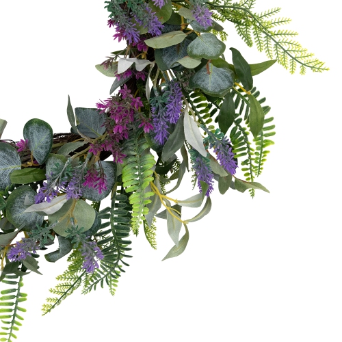 Lavender and Mixed Foliage Artificial Floral Spring Wreath, Purple and Green - 22-Inch