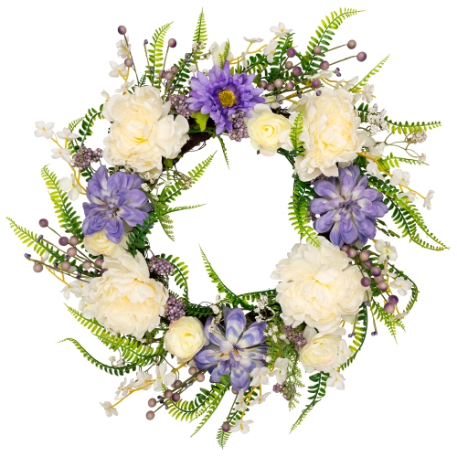 Daisy and Peony with Foliage Artificial Floral Twig Wreath - Purple - 22"