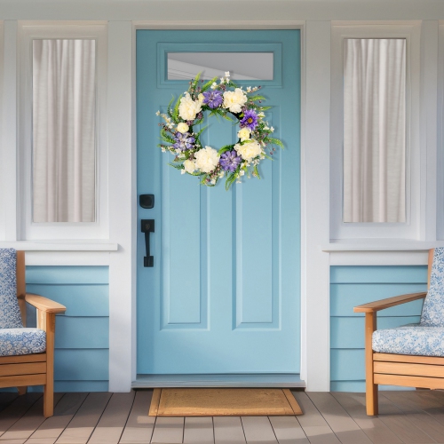 Daisy and Peony with Foliage Artificial Floral Twig Wreath - Purple - 22"