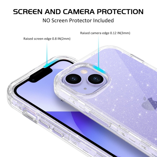 DUEDUE for iPhone 14 Case, Glitter Bling 3 in 1 Heavy Duty Hybrid Hard PC Transparent TPU Bumper Shockproof Full Body Protec