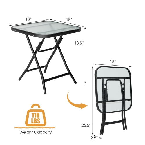 Gymax 18'' Foldable Patio Side Table Square Coffee Bistro Table w/ Tempered Glass Table Top