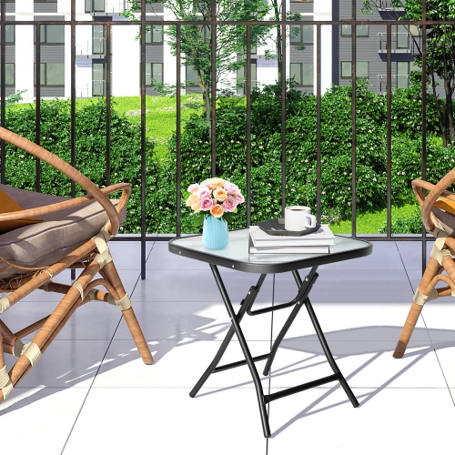 Gymax 18'' Foldable Patio Side Table Square Coffee Bistro Table w/ Tempered Glass Table Top
