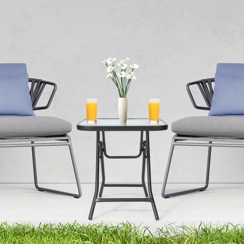 Gymax 18'' Foldable Patio Side Table Square Coffee Bistro Table w/ Tempered Glass Table Top