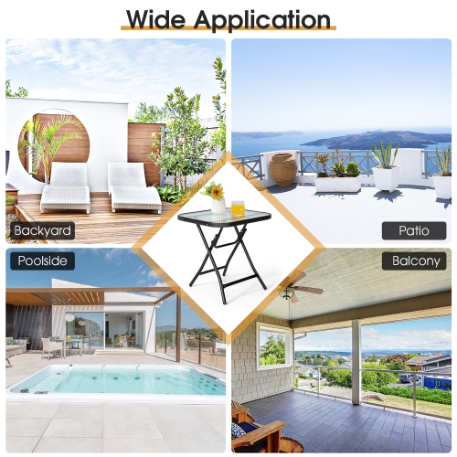 Gymax 18'' Foldable Patio Side Table Square Coffee Bistro Table w/ Tempered Glass Table Top