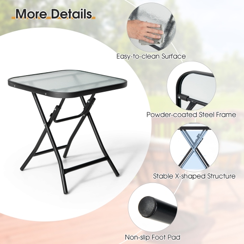 Gymax 18'' Foldable Patio Side Table Square Coffee Bistro Table w/ Tempered Glass Table Top