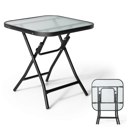 Gymax 18'' Foldable Patio Side Table Square Coffee Bistro Table w/ Tempered Glass Table Top