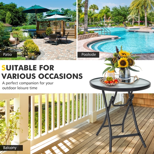 Gymax 18'' Patio Side Table Outdoor Folding Coffee Table w/ Tempered Glass Table Top