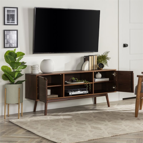 Pemberly Row 58" 2-Door Solid Pine Wood TV Console with Cutout Handles in Walnut
