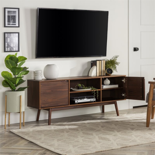 Pemberly Row 58" 2-Door Solid Pine Wood TV Console with Cutout Handles in Walnut