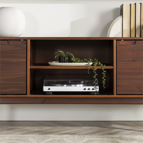 Pemberly Row 58" 2-Door Solid Pine Wood TV Console with Cutout Handles in Walnut