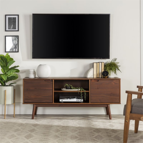 Pemberly Row 58" 2-Door Solid Pine Wood TV Console with Cutout Handles in Walnut