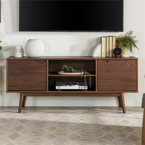 Pemberly Row 58" 2-Door Solid Pine Wood TV Console with Cutout Handles in Walnut