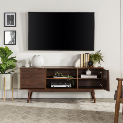Pemberly Row 58" 2-Door Solid Pine Wood TV Console with Cutout Handles in Walnut