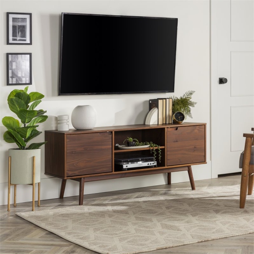 Pemberly Row 58" 2-Door Solid Pine Wood TV Console with Cutout Handles in Walnut