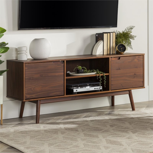 Pemberly Row 58" 2-Door Solid Pine Wood TV Console with Cutout Handles in Walnut