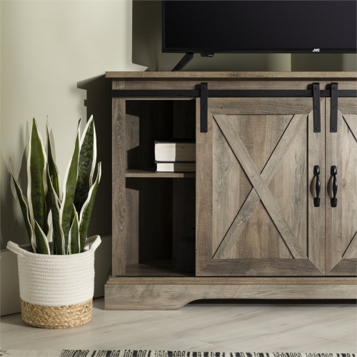 Pemberly Row 52" Sliding Barn Door Corner TV Stand in Gray Wash