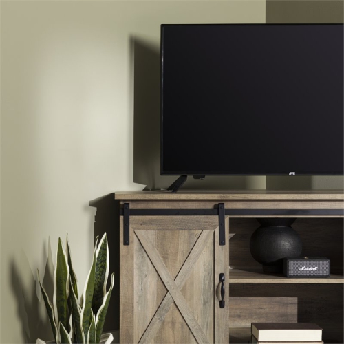 Pemberly Row 52" Sliding Barn Door Corner TV Stand in Gray Wash