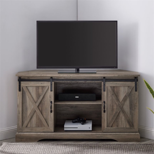 Pemberly Row 52" Sliding Barn Door Corner TV Stand in Gray Wash