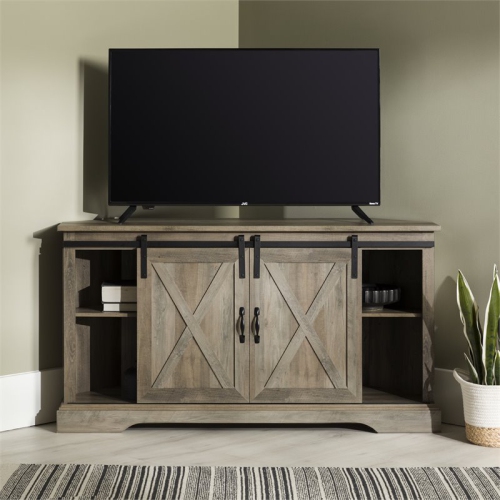 Pemberly Row 52" Sliding Barn Door Corner TV Stand in Gray Wash
