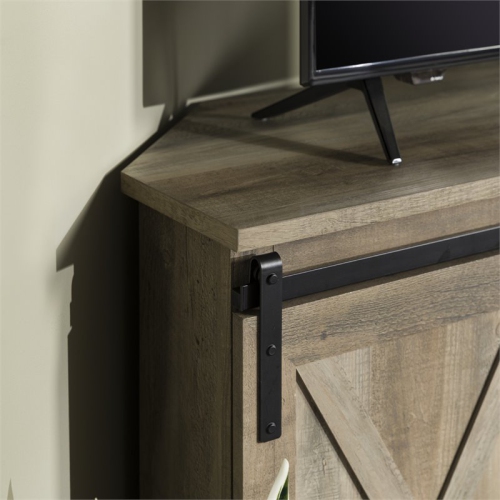 Pemberly Row 52" Sliding Barn Door Corner TV Stand in Gray Wash