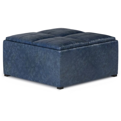 SIMPLI HOME  Avalon 35" Faux Leather Square Storage Ottoman In Denim Blue