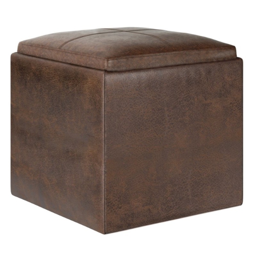 SIMPLI HOME Rockwood Cube Storage Ottoman With Tray In Distressed Brown Faux Leather