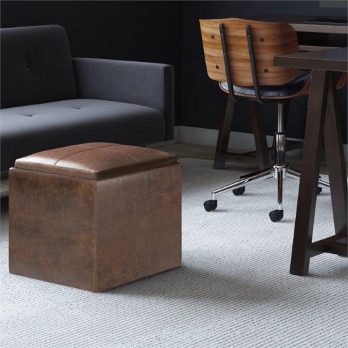 Rockwood Cube Storage Ottoman with Tray in Distressed Brown Faux Leather