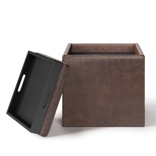 Rockwood Cube Storage Ottoman with Tray in Distressed Brown Faux Leather