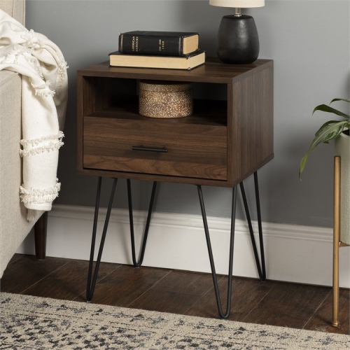 Pemberly Row 18" Single Drawer Hairpin Leg Bedroom Nightstand in Dark Walnut