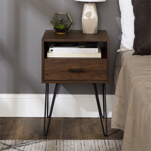 Pemberly Row 18" Single Drawer Hairpin Leg Bedroom Nightstand in Dark Walnut