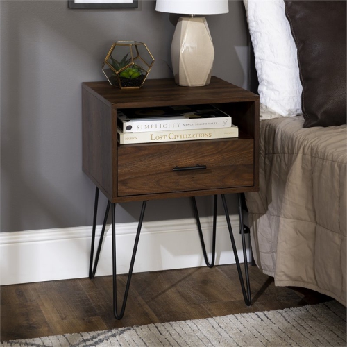 Pemberly Row 18" Single Drawer Hairpin Leg Bedroom Nightstand in Dark Walnut