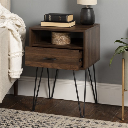 Pemberly Row 18" Single Drawer Hairpin Leg Bedroom Nightstand in Dark Walnut