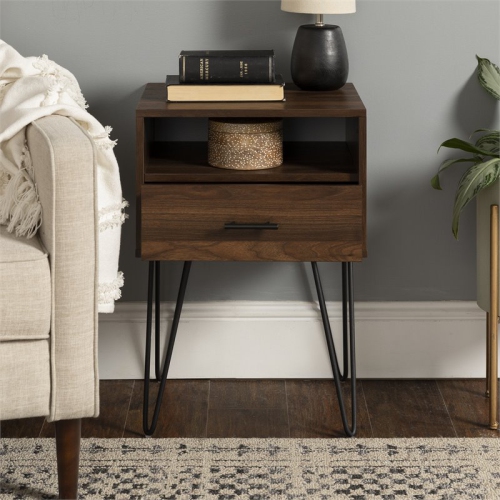 Pemberly Row 18" Single Drawer Hairpin Leg Bedroom Nightstand in Dark Walnut