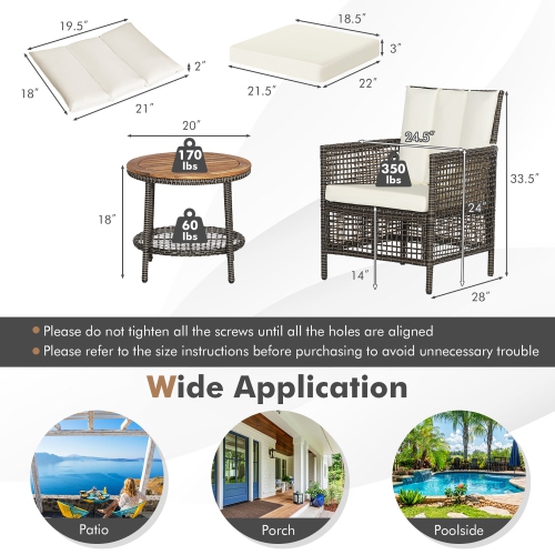 Gymax 3PCS Patio Wicker Bistro Set Furniture Set PE Rattan Table Set w/ Off White Cushions