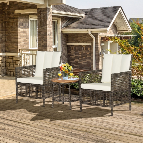 Gymax 3PCS Patio Wicker Bistro Set Furniture Set PE Rattan Table Set w/ Off White Cushions