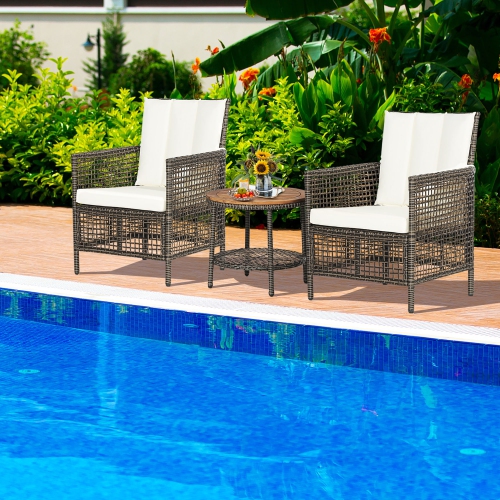Gymax 3PCS Patio Wicker Bistro Set Furniture Set PE Rattan Table Set w/ Off White Cushions