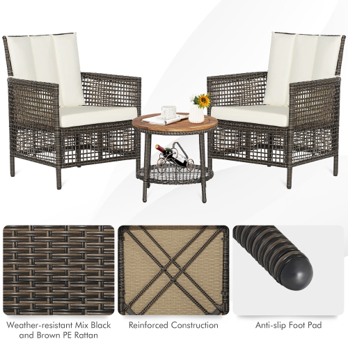 Gymax 3PCS Patio Wicker Bistro Set Furniture Set PE Rattan Table Set w/ Off White Cushions