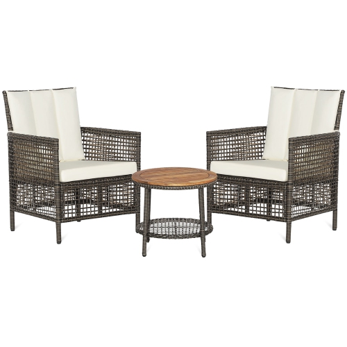 Gymax 3PCS Patio Wicker Bistro Set Furniture Set PE Rattan Table Set w/ Off White Cushions