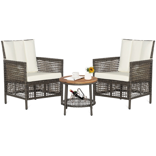 Gymax 3PCS Patio Wicker Bistro Set Furniture Set PE Rattan Table Set w/ Off White Cushions
