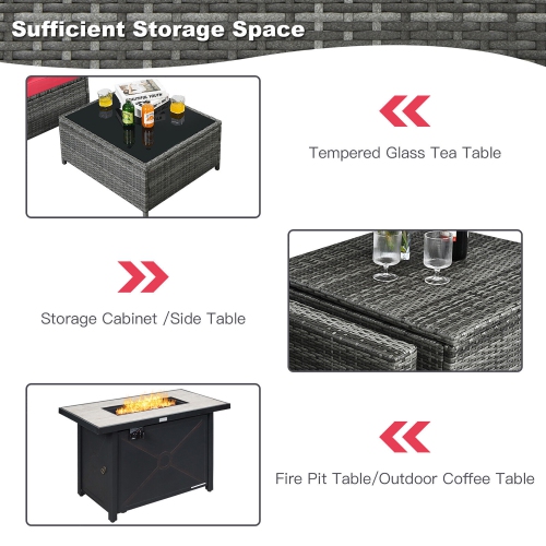 Gymax 9 PCS Patio Rattan Furniture Set Fire Pit Table Storage Grey W/ Cover