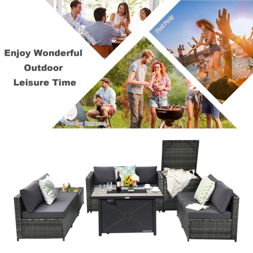 Gymax 9 PCS Patio Rattan Furniture Set Fire Pit Table Storage Grey W/ Cover