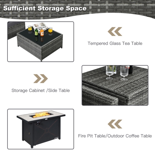 Gymax 9 PCS Patio Rattan Furniture Set Fire Pit Table Storage Grey W/ Cover