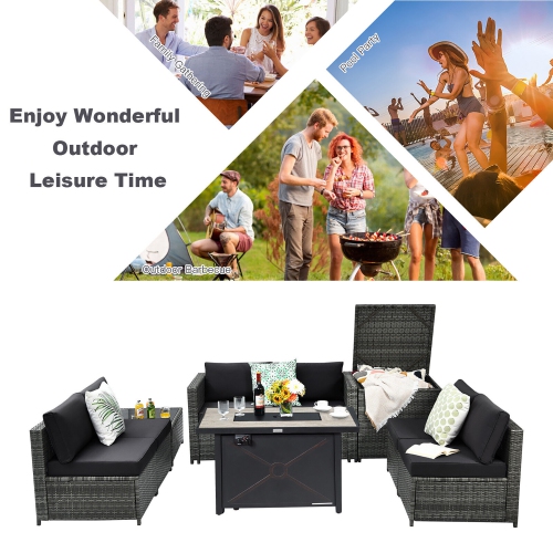 Gymax 9 PCS Patio Rattan Furniture Set Fire Pit Table Storage Grey W/ Cover