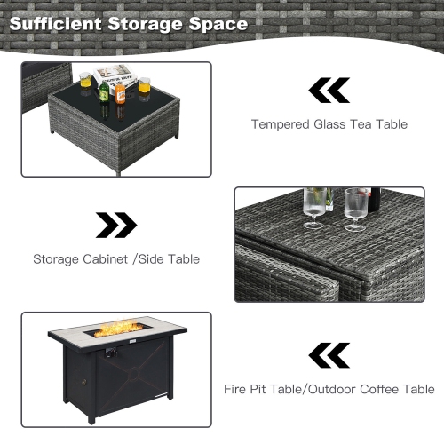 Gymax 9 PCS Patio Rattan Furniture Set Fire Pit Table Storage Grey W/ Cover