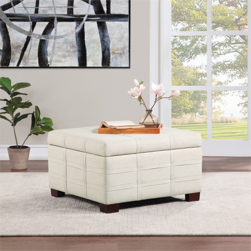 Detour Strap Square Storage Ottoman in Linen White Fabric
