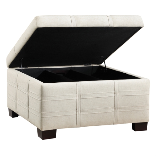 Detour Strap Square Storage Ottoman in Linen White Fabric